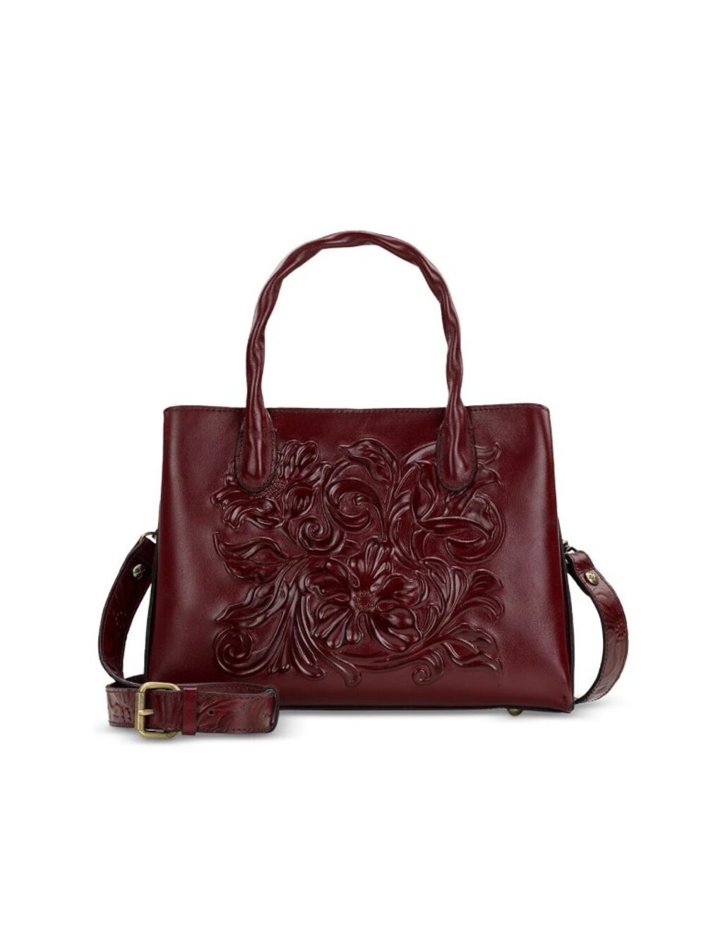 PATRICIA NASH Genovese tooled leather satchel crossbody bag + Dust bag -Oxblood